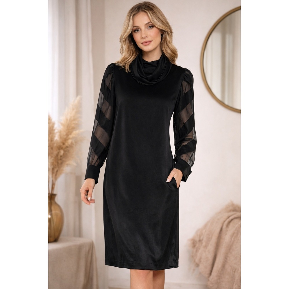 Vintage Relin San Francisco Women's Silk Black Cowl Neck Sheer Sleeve Dress 10